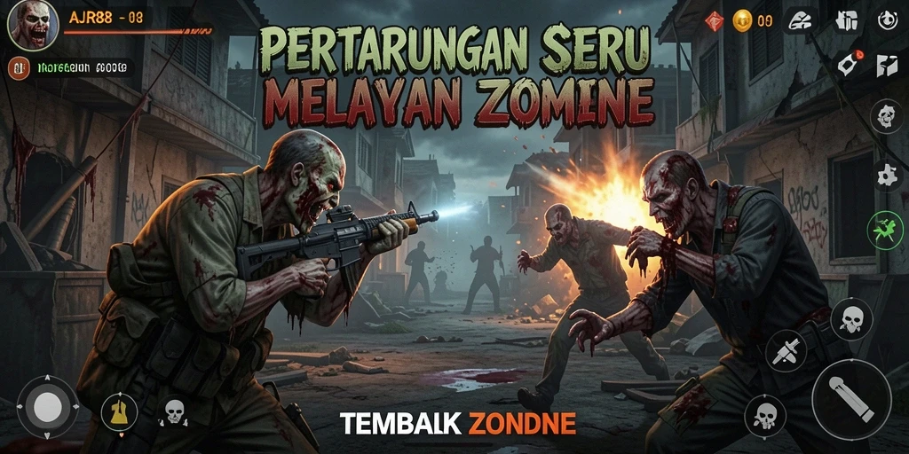 Tampilan antarmuka AJR88 saat melawan zombie di level menantang.