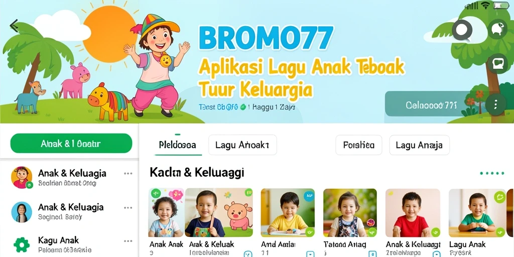 Antarmuka BROMO77 menampilkan koleksi lagu anak yang menarik.