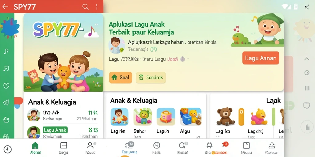 Tampilan antarmuka aplikasi SPY77 yang ramah anak untuk mendengarkan lagu.